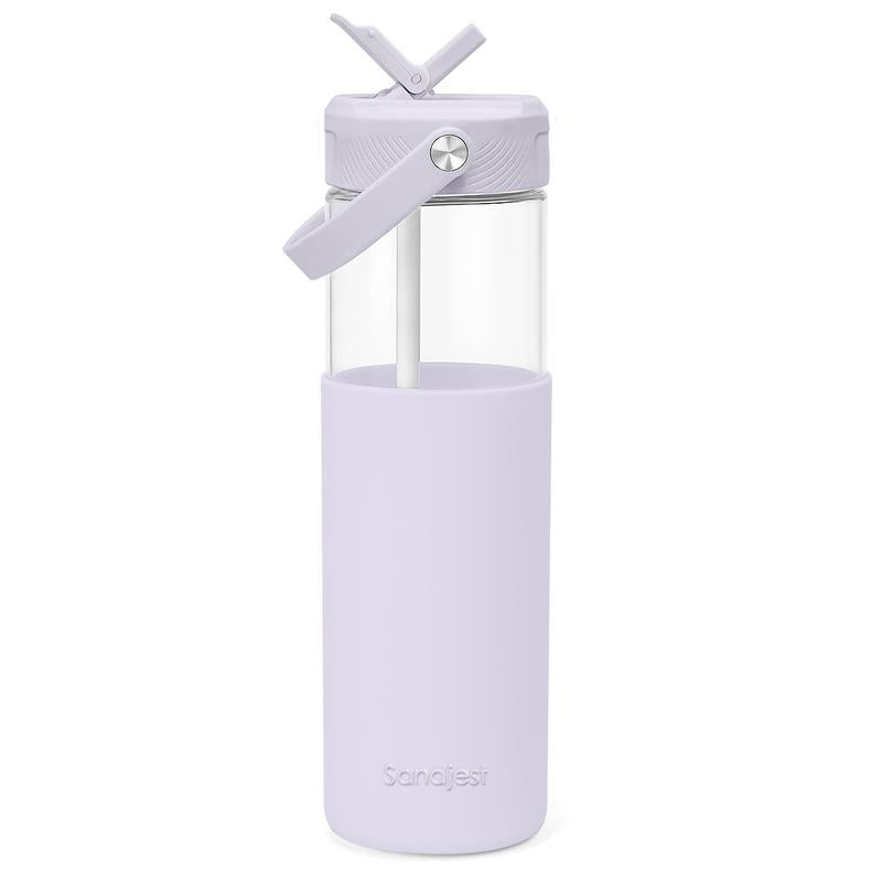 Sandjest Glass Water Bottle 20Oz with Silicone Sleeve and Straw Lid, Reusable Portable Drinking Bottle for Home Office Travel Gym Sport Christmas Gift