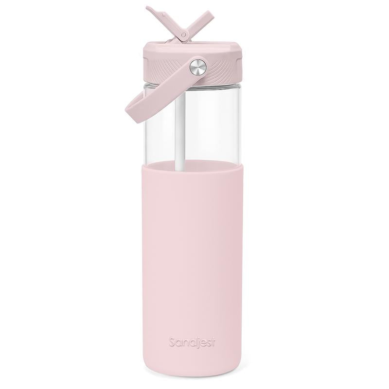 Sandjest Glass Water Bottle 20Oz with Silicone Sleeve and Straw Lid, Reusable Portable Drinking Bottle for Home Office Travel Gym Sport Christmas Gift