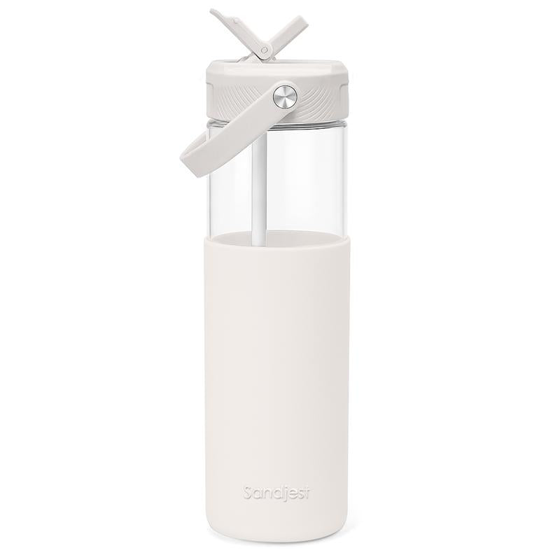 Sandjest Glass Water Bottle 20Oz with Silicone Sleeve and Straw Lid, Reusable Portable Drinking Bottle for Home Office Travel Gym Sport Christmas Gift