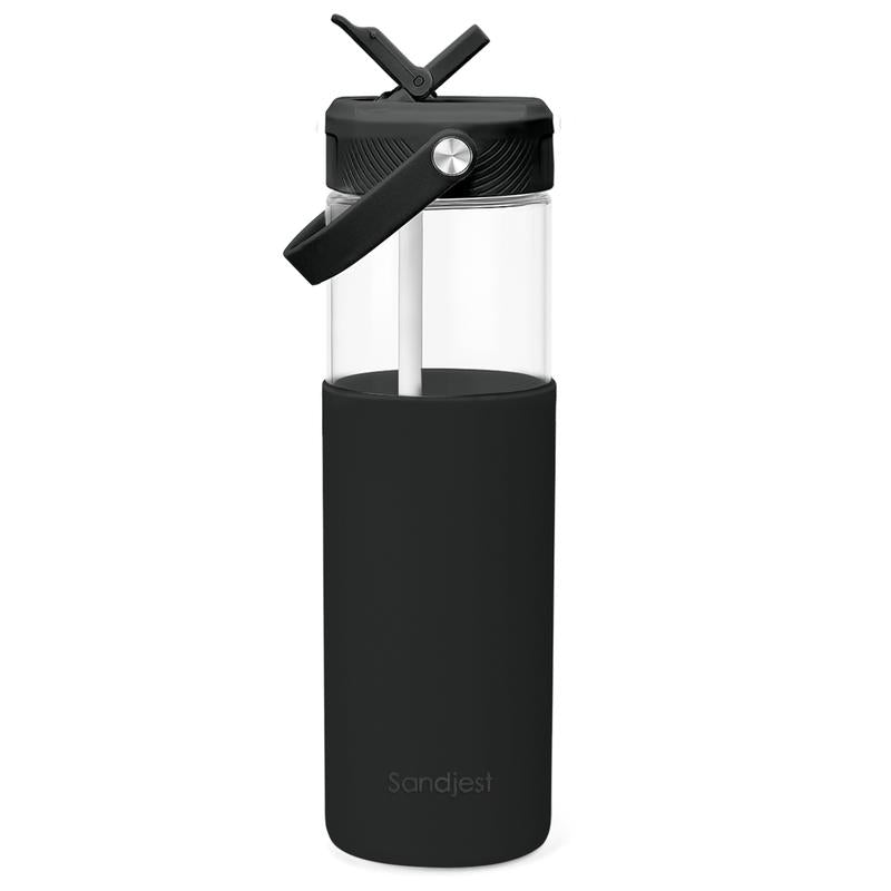 Sandjest Glass Water Bottle 20Oz with Silicone Sleeve and Straw Lid, Reusable Portable Drinking Bottle for Home Office Travel Gym Sport Christmas Gift